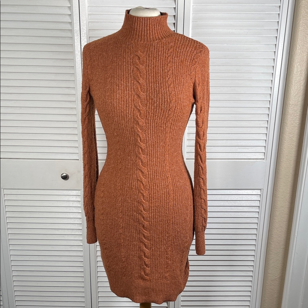 Pink Rose Sweater‎ Dress Women’s Small Brown Cable Knit Mock Neck